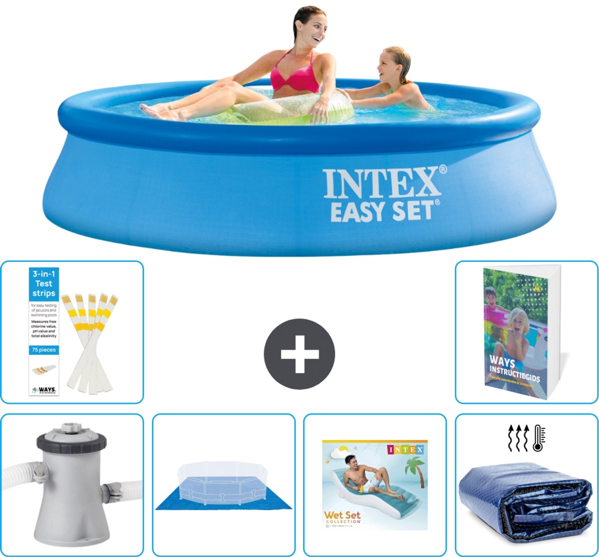 Intex Rond Opblaasbaar Easy Set Zwembad - 244 x 61 cm - Blauw - Inclusief Pomp - Grondzeil - Loungebed - Solarzeil - 7-delig