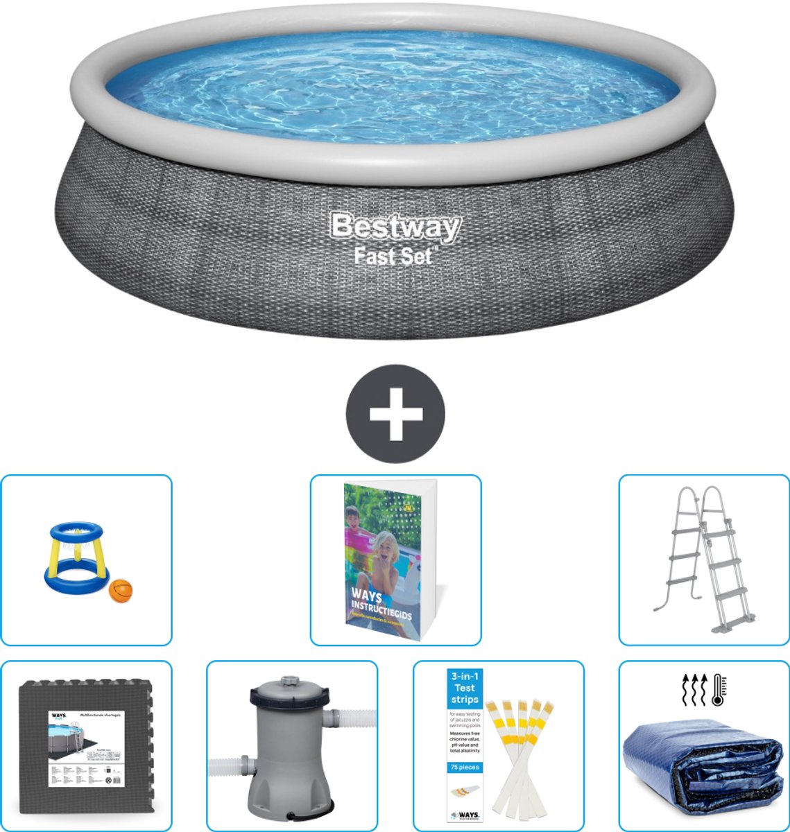 Bestway Rond Opblaasbaar Fast Set Zwembad - Rotanprint - 457 x 107 cm - Inclusief Pomp - Ladder - Solarzeil - Speelgoed - Vloertegels - 8-delig