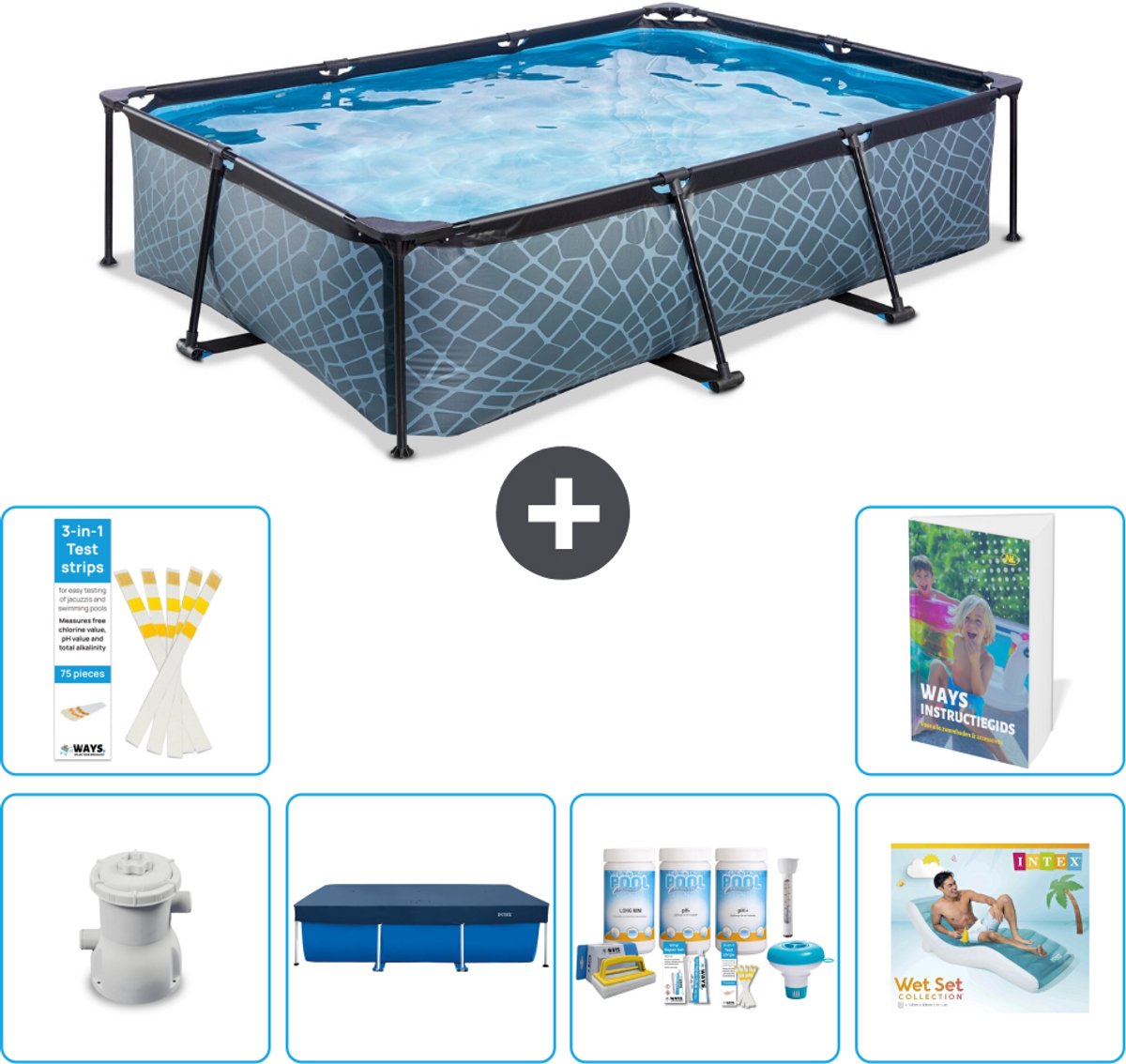 EXIT Rechthoekig Stone Frame Zwembad - 300 x 200 x 65 cm - Inclusief Pomp - Afdekzeil - Onderhoudspakket - Loungebed - 7-delig
