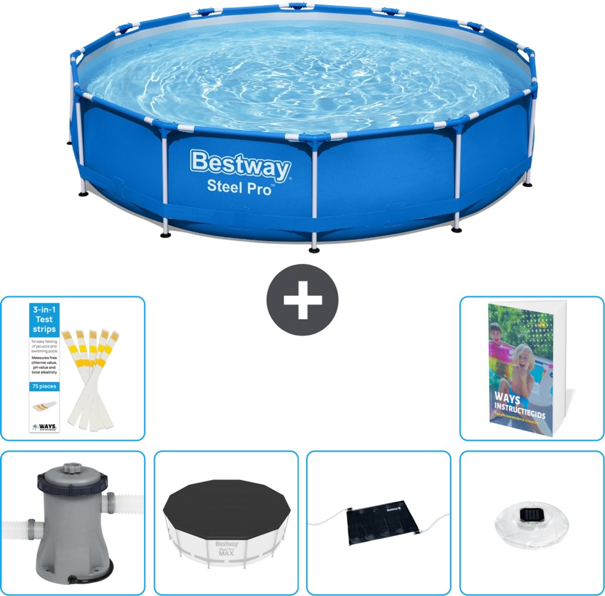 Bestway Rond Steel Pro Zwembad - 366 x 76 cm - Blauw - Inclusief Pomp - Afdekzeil - Solar Mat - Verlichting - 7-delig