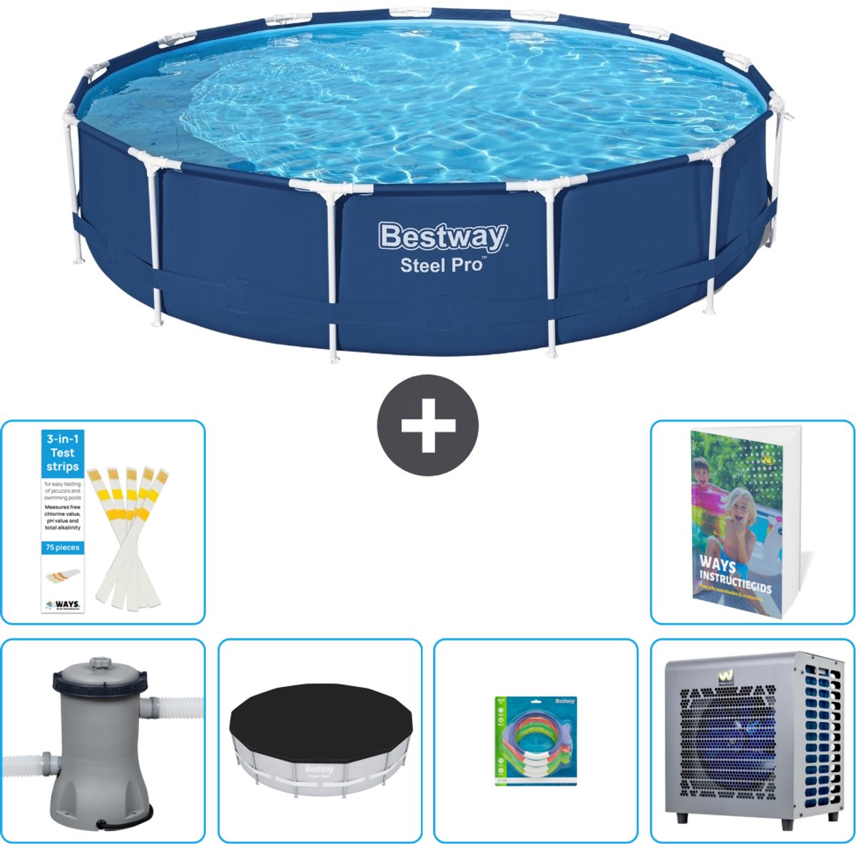 Bestway Rond Steel Pro Zwembad - 396 x 84 cm - Blauw - Inclusief Pomp - Afdekzeil - Speelgoed - Warmtepomp - 7-delig