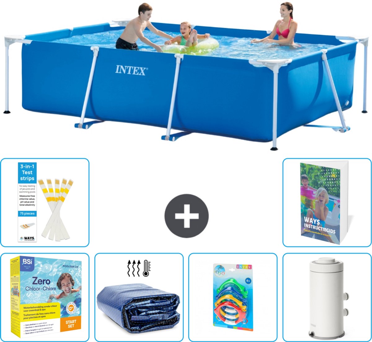 Intex Rechthoekig Frame Zwembad - 300 x 200 x 75 cm - Blauw - Inclusief Onderhoudspakket - Solarzeil - Speelgoed - Zwembadfilterpomp - 7-delig