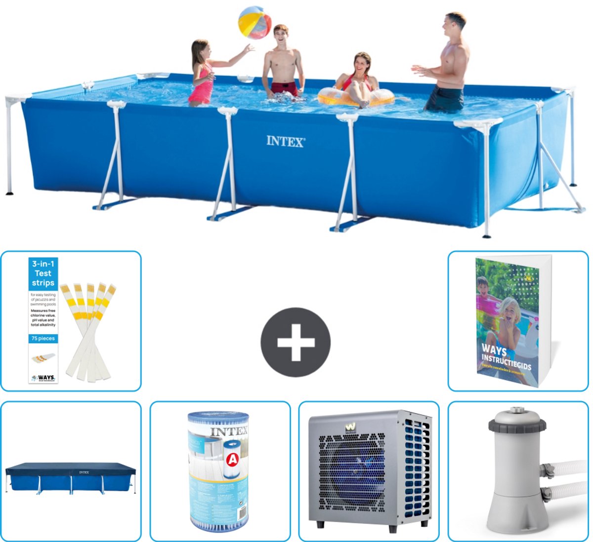 Intex Rechthoekig Frame Zwembad - 450 x 220 x 84 cm - Blauw - Inclusief Afdekzeil - Filter - Warmtepomp - Zwembadfilterpomp - 7-delig