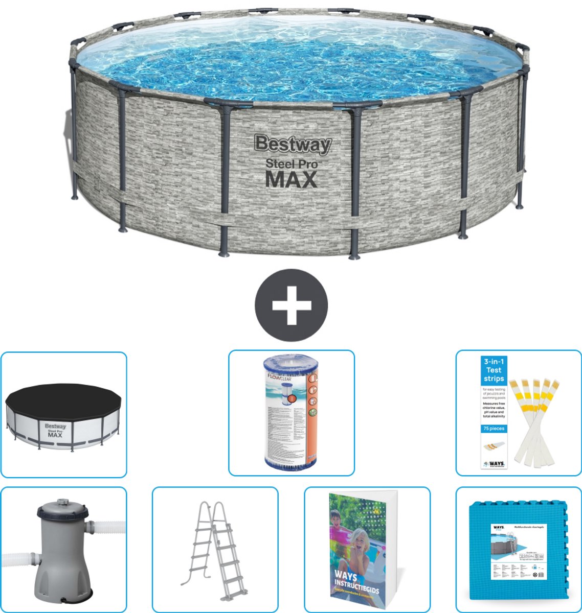 Bestway Rond Steel Pro MAX Zwembad - Steenprint - 427 x 122 cm - Inclusief Pomp - Ladder - Afdekzeil - Filter - Vloertegels - 8-delig