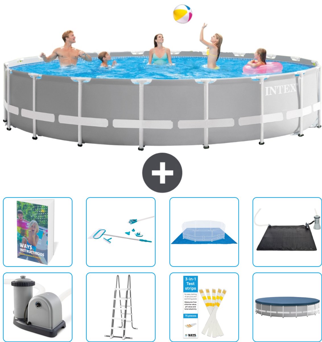 Intex Rond Prism Frame Zwembad - 610 x 132 cm - Grijs - Inclusief Pomp - Ladder - Grondzeil - Afdekzeil - Schoonmaakset - Solar Mat - 9-delig