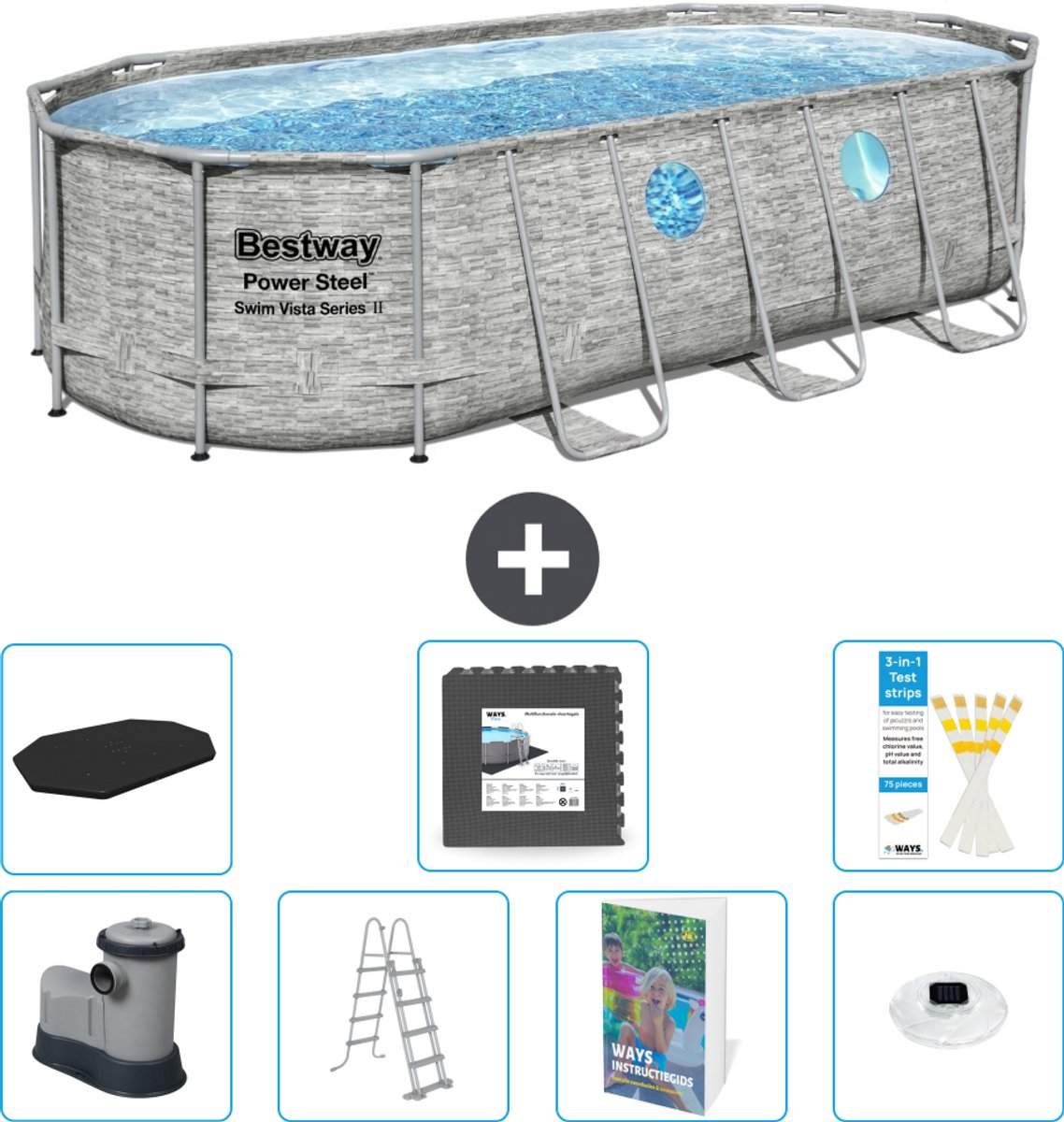 Bestway Ovaal Power Steel Swim Vista Zwembad - Steenprint - 549 x 274 x 122 - Inclusief Pomp - Ladder - Afdekzeil - Vloertegels - Verlichting - 8-delig