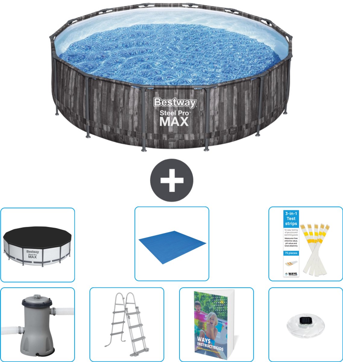 Bestway Rond Steel Pro MAX Zwembad - Houtprint - 427 x 107 cm - Inclusief Pomp - Ladder - Afdekzeil - Grondzeil - Verlichting - 8-delig