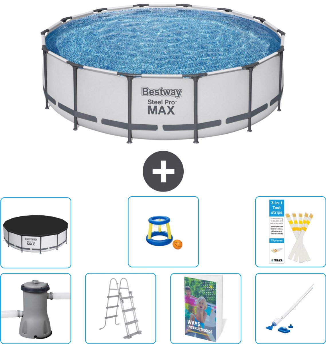 Bestway Rond Steel Pro MAX Zwembad - 427 x 107 cm - Grijs - Inclusief Pomp - Ladder - Afdekzeil - Speelgoed - Stofzuiger - 8-delig