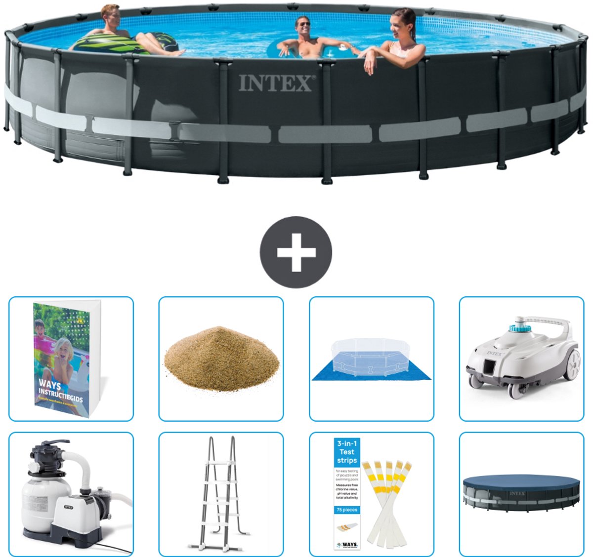 Intex Rond Ultra XTR Frame Zwembad - 610 x 122 cm - Inclusief Pomp - Ladder - Grondzeil - Afdekzeil - Filterzand - Stofzuiger - 9-delig