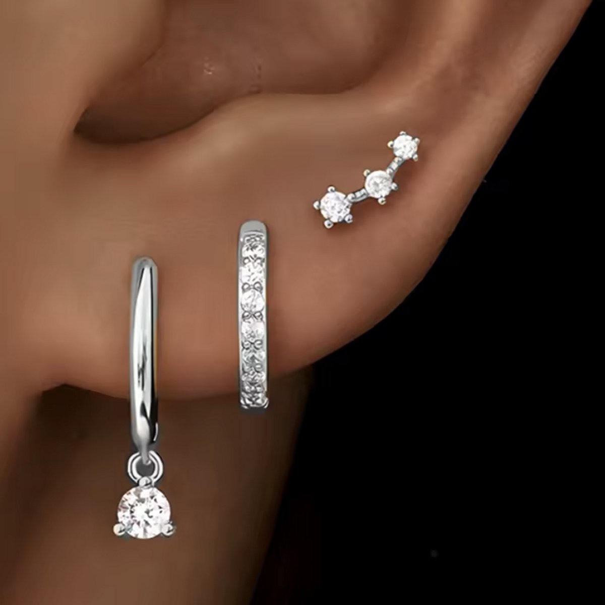 Oorbellen Set - 3 stuks - Kleur: Zilver - Luxe Oorbellen - Incl. Cadeauverpakking - Oorhangers / Oorring / Oorknopjes - Hoge Kwaliteit RVS - Stainless Steel / Roestvrijstaal - Verkleurt Niet - Oorbellen Set - Oorbellen Vrouwen / Dames