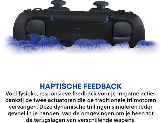 Zwarte Sony PS5 DualSense controller in blauwe energie.