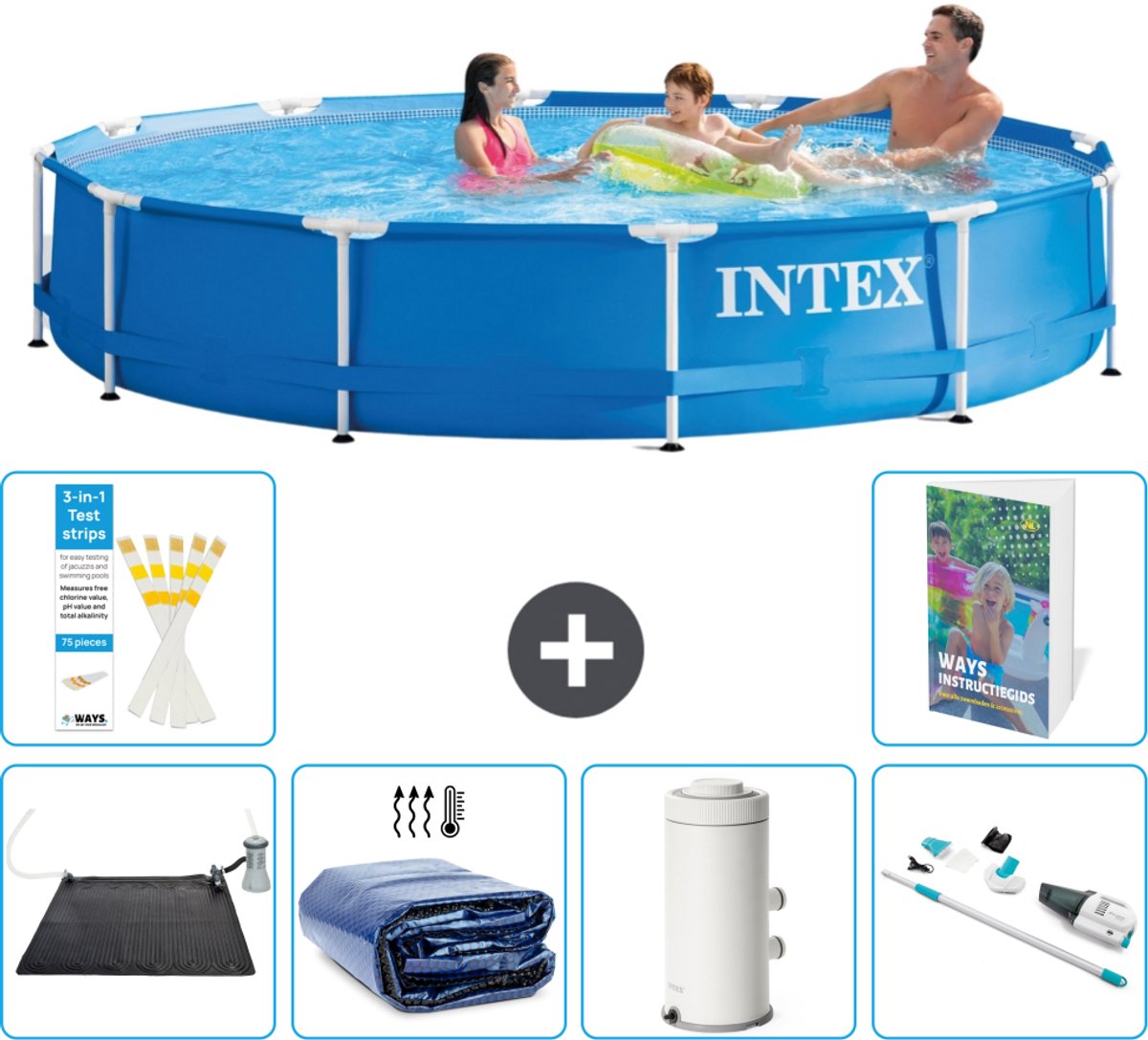 Intex Rond Frame Zwembad - 366 x 76 cm - Blauw - Inclusief Solar Mat - Solarzeil - Zwembadfilterpomp - Stofzuiger - 7-delig