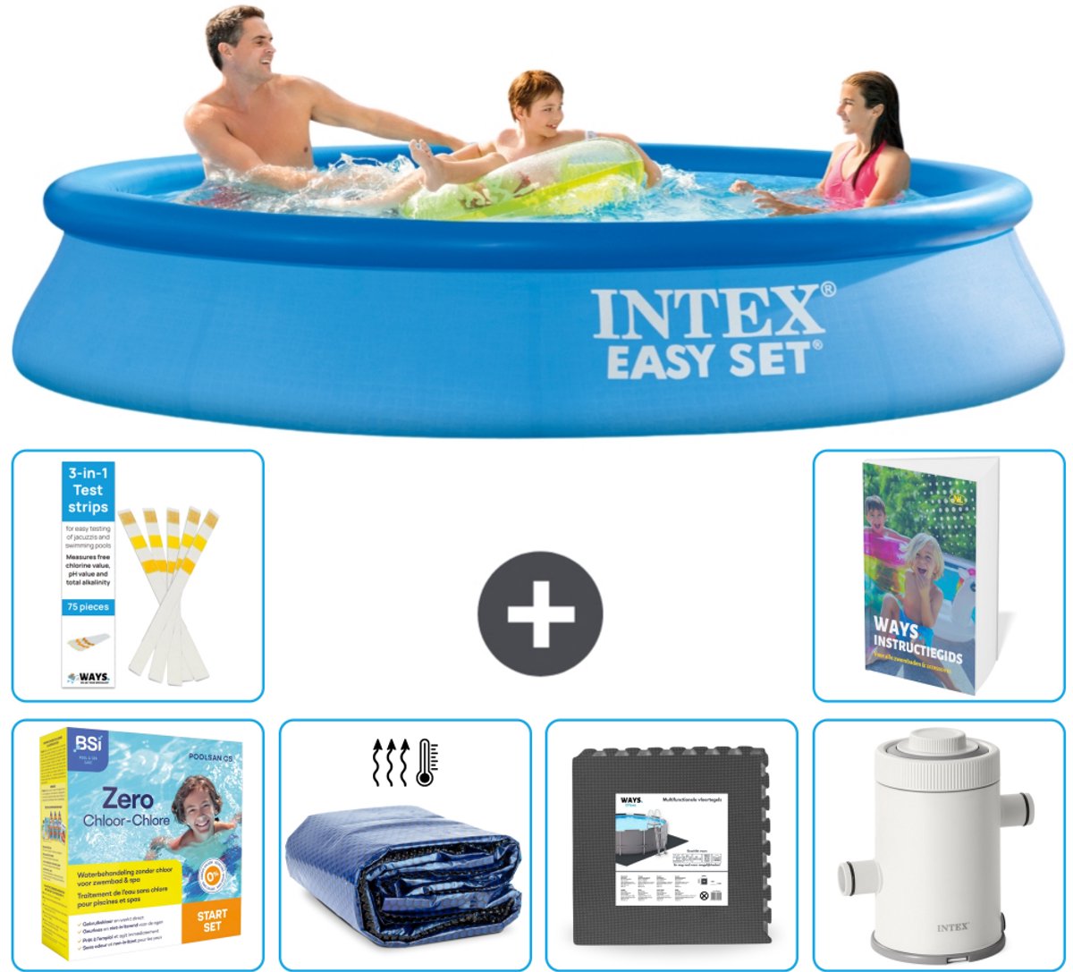 Intex Rond Opblaasbaar Easy Set Zwembad - 305 x 61 cm - Blauw - Inclusief Onderhoudspakket - Solarzeil - Vloertegels - Zwembadfilterpomp - 7-delig