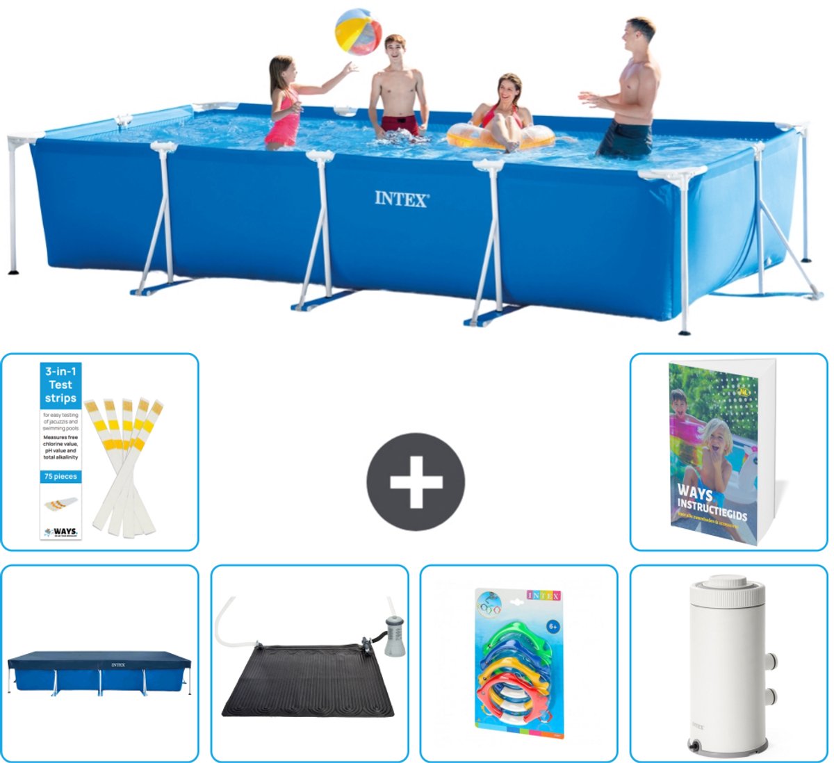 Intex Rechthoekig Frame Zwembad - 450 x 220 x 84 cm - Blauw - Inclusief Afdekzeil - Solar Mat - Speelgoed - Zwembadfilterpomp - 7-delig