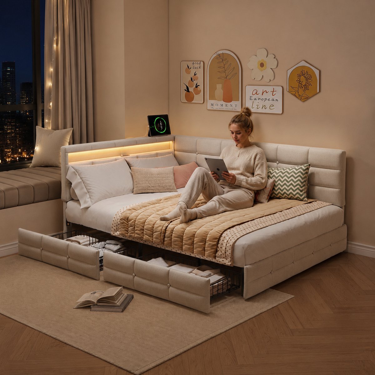 MEXUS Slaapbank 140x200 cm met 2 lades, Tweepersoonsbed Moderne met ledverlichting en multifunctionele USB-poorten, lattenbodem en opbergruimte, linnen Beige