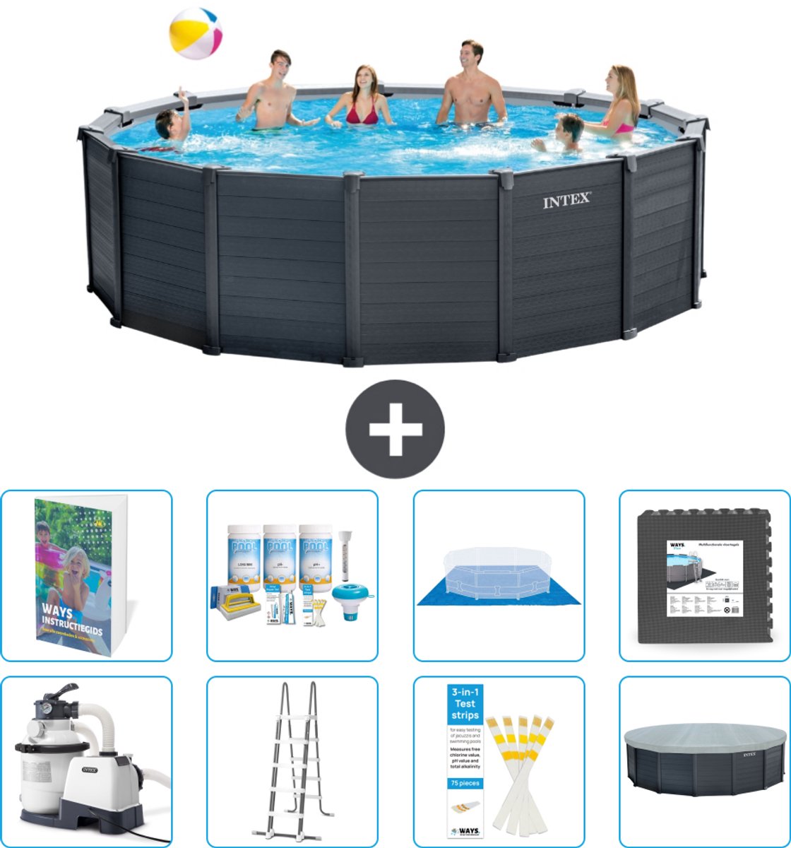 Intex Rond Graphite Gray Panel Zwembad - 478 x 124 cm - Inclusief Pomp - Ladder - Grondzeil - Afdekzeil - Onderhoudspakket - Vloertegels - 9-delig
