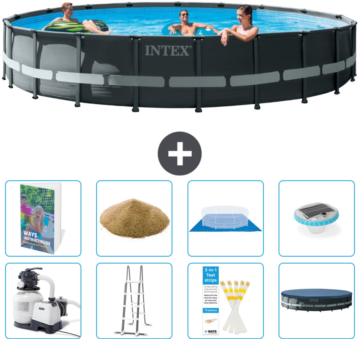 Intex Rond Ultra XTR Frame Zwembad - 610 x 122 cm - Inclusief Pomp - Ladder - Grondzeil - Afdekzeil - Filterzand - Verlichting - 9-delig