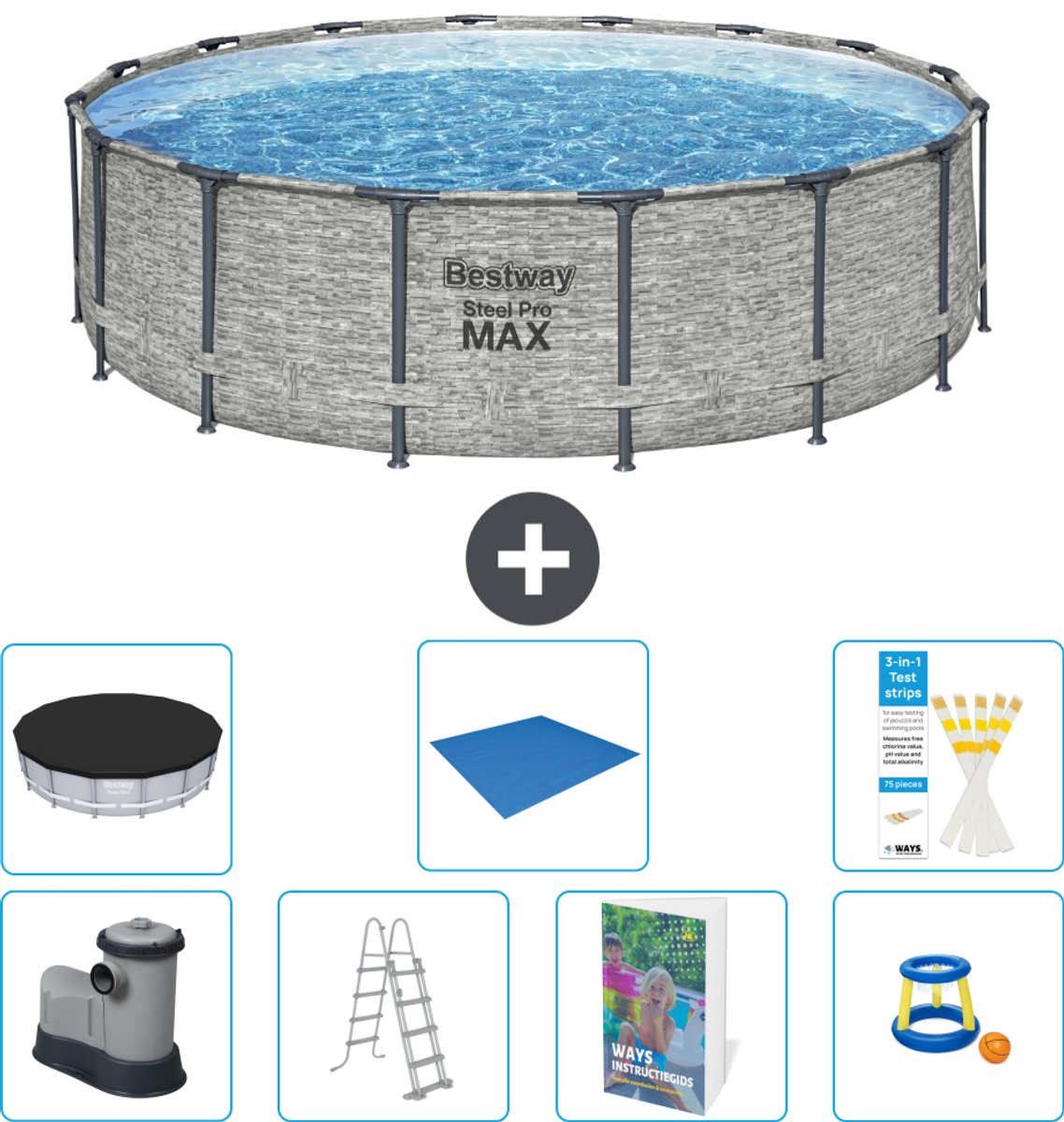 Bestway Rond Steel Pro MAX Zwembad - Steenprint - 488 x 122 cm - Inclusief Pomp - Ladder - Afdekzeil - Grondzeil - Speelgoed - 8-delig