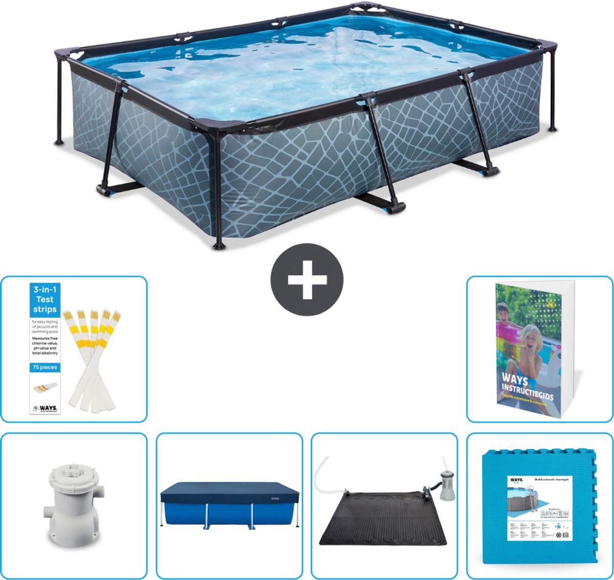 EXIT Rechthoekig Stone Frame Zwembad - 300 x 200 x 65 cm - Inclusief Pomp - Afdekzeil - Solar Mat - Vloertegels - 7-delig