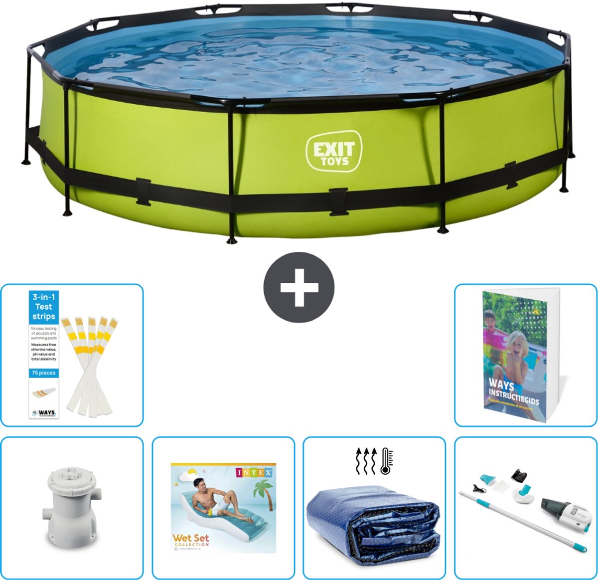 EXIT Rond Lime Frame Zwembad - 360 x 76 cm - Inclusief Pomp - Loungebed - Solarzeil - Stofzuiger - 7-delig