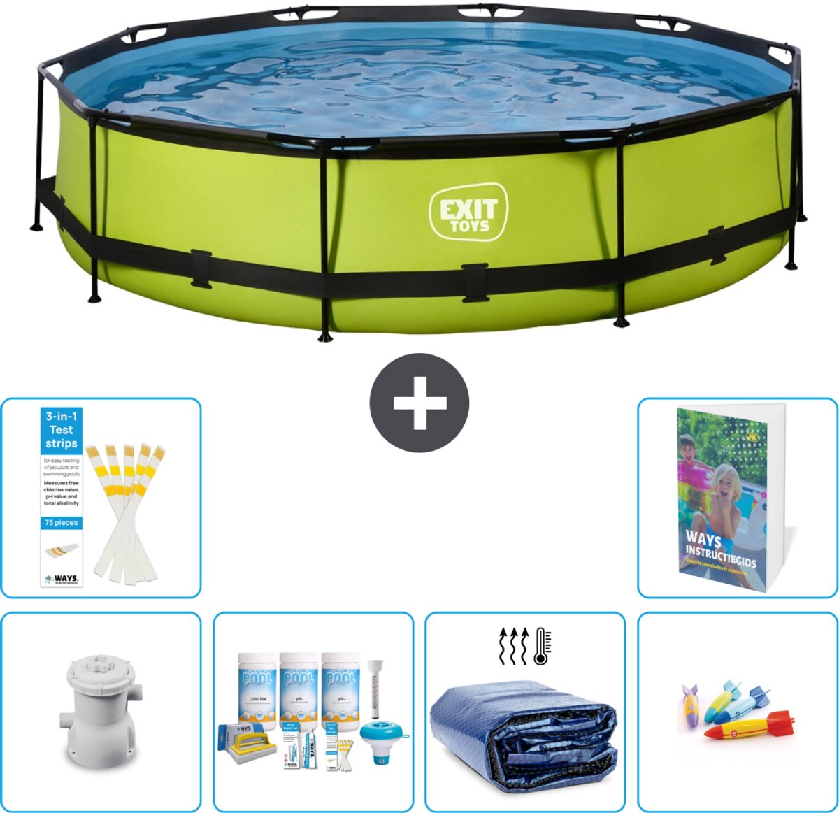 EXIT Rond Lime Frame Zwembad - 360 x 76 cm - Inclusief Pomp - Onderhoudspakket - Solarzeil - Speelgoed - 7-delig