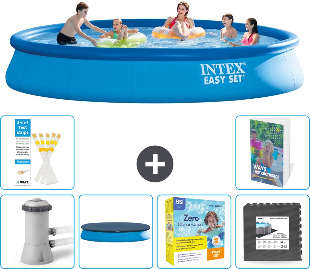 Intex Rond Opblaasbaar Easy Set Zwembad - 457 x 84 cm - Blauw - Inclusief Pomp - Afdekzeil - Onderhoudspakket - Vloertegels - 7-delig