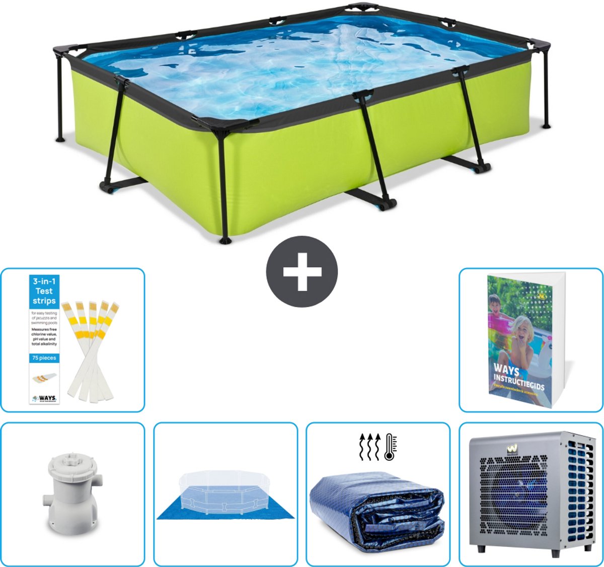 EXIT Rechthoekig Lime Frame Zwembad - 300 x 200 x 65 cm - Inclusief Pomp - Grondzeil - Solarzeil - Warmtepomp - 7-delig