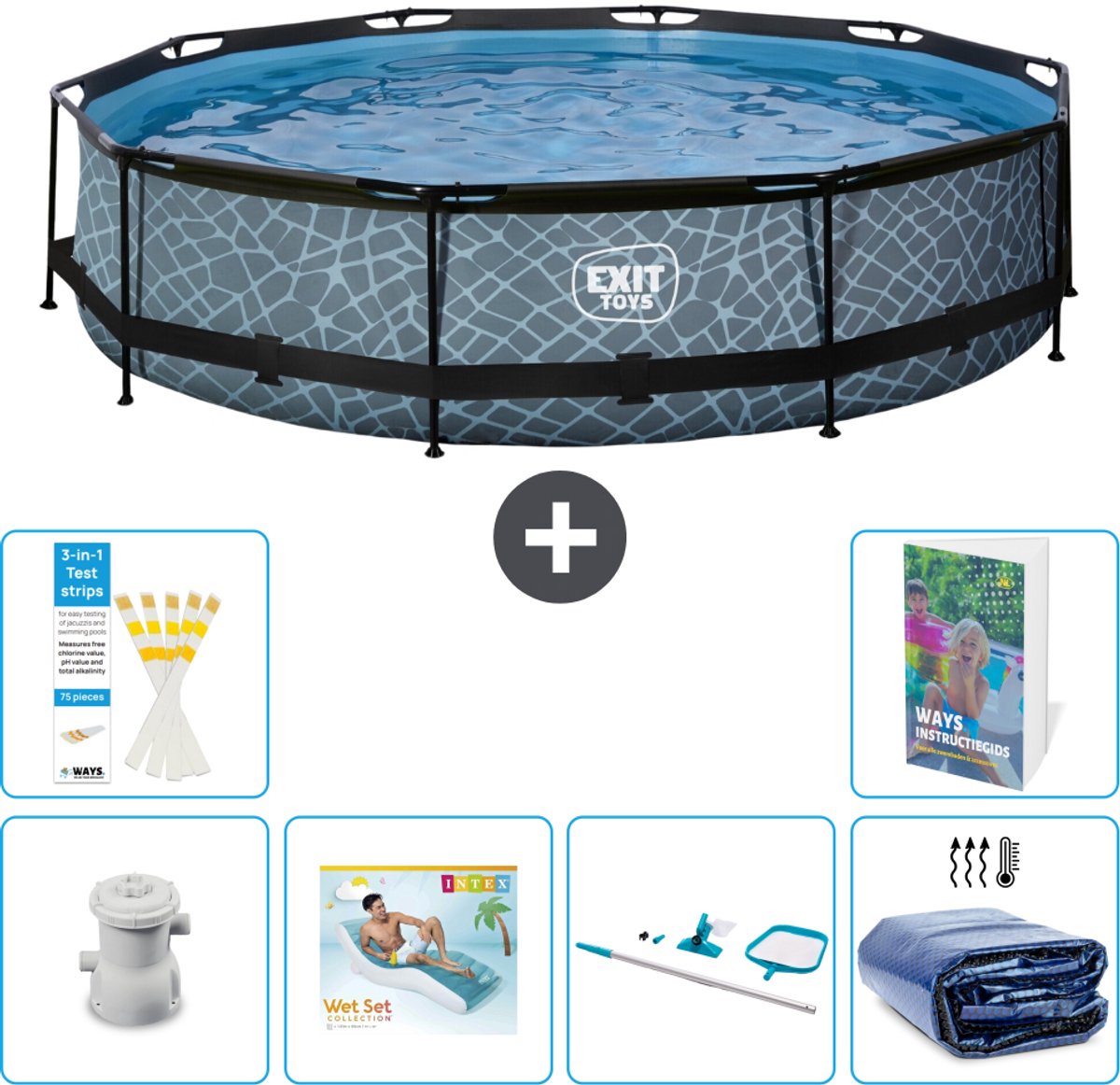 EXIT Rond Stone Frame Zwembad - 360 x 76 cm - Inclusief Pomp - Loungebed - Schoonmaakset - Solarzeil - 7-delig