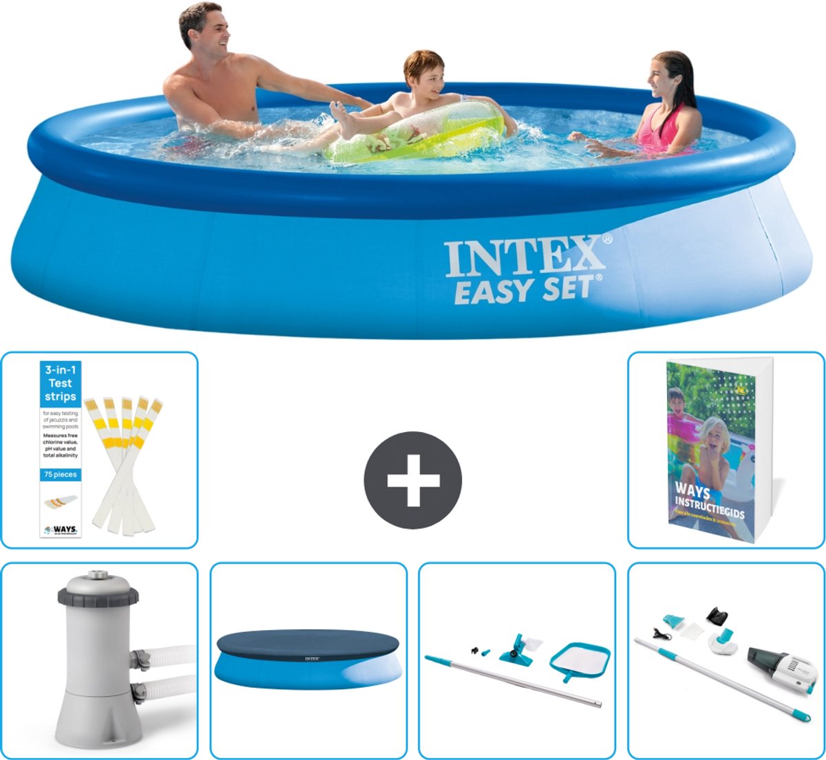 Intex Rond Opblaasbaar Easy Set Zwembad - 366 x 76 cm - Blauw - Inclusief Pomp - Afdekzeil - Schoonmaakset - Stofzuiger - 7-delig