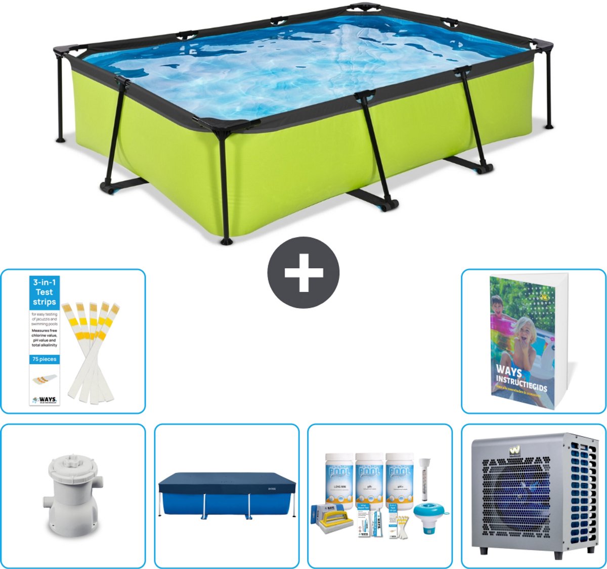 EXIT Rechthoekig Lime Frame Zwembad - 300 x 200 x 65 cm - Inclusief Pomp - Afdekzeil - Onderhoudspakket - Warmtepomp - 7-delig