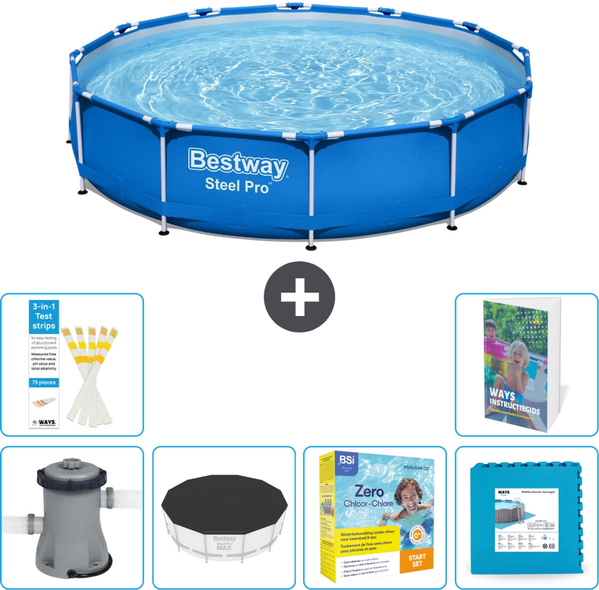 Bestway Rond Steel Pro Zwembad - 366 x 76 cm - Blauw - Inclusief Pomp - Afdekzeil - Onderhoudspakket - Vloertegels - 7-delig