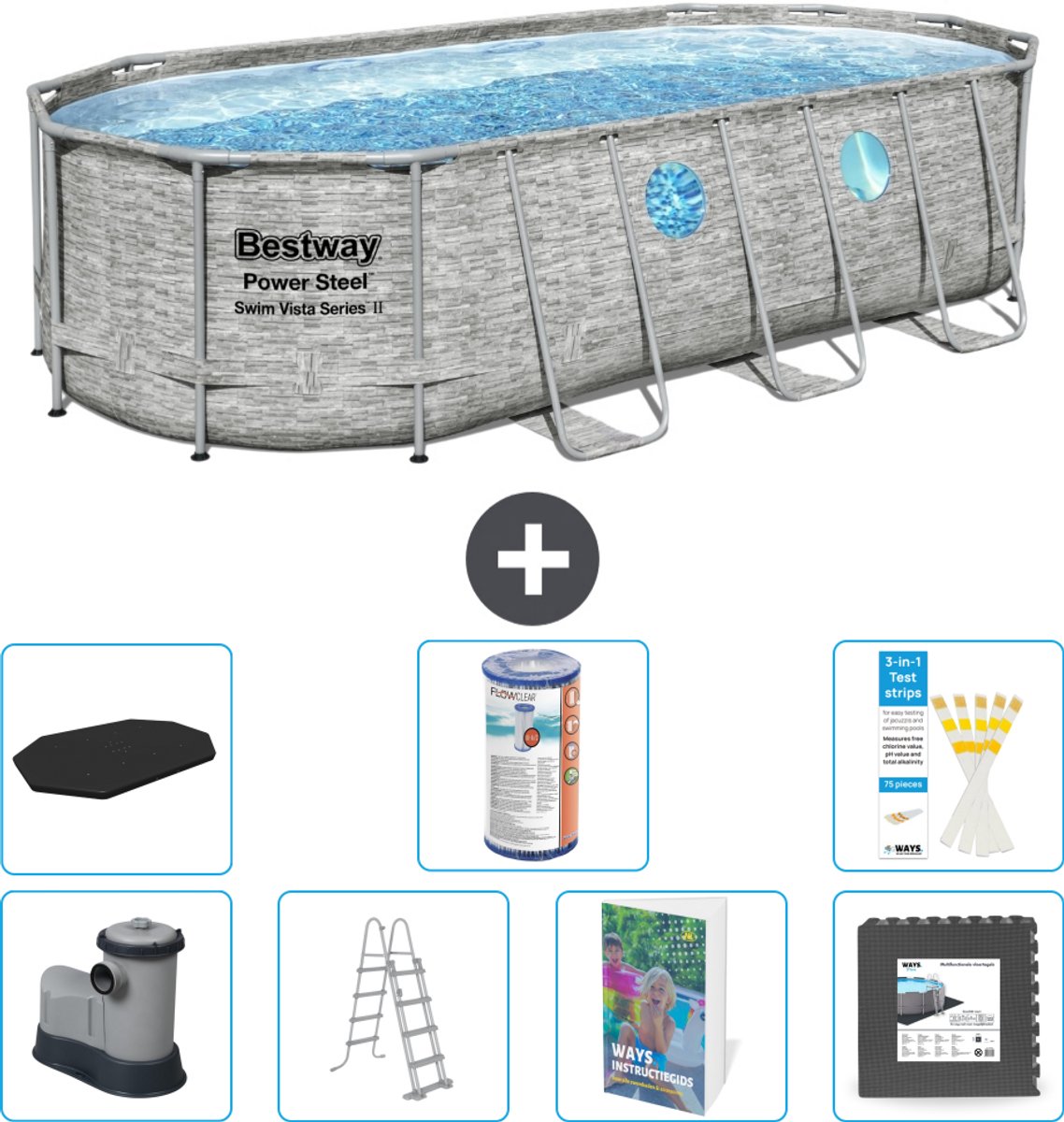 Bestway Ovaal Power Steel Swim Vista Zwembad - Steenprint - 549 x 274 x 122 - Inclusief Pomp - Ladder - Afdekzeil - Filter - Vloertegels - 8-delig