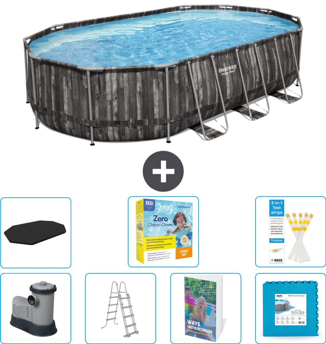Bestway Ovaal Power Steel Zwembad - 610 x 366 x 122 - Grijs - Inclusief Pomp - Ladder - Afdekzeil - Onderhoudspakket - Vloertegels - 8-delig