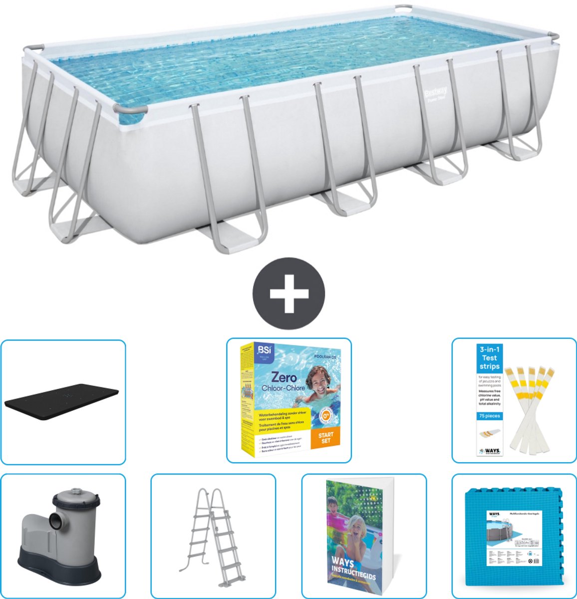 Bestway Rechthoekig Power Steel Zwembad - 549 x 274 x 122 - Grijs - Inclusief Pomp - Ladder - Afdekzeil - Onderhoudspakket - Vloertegels - 8-delig
