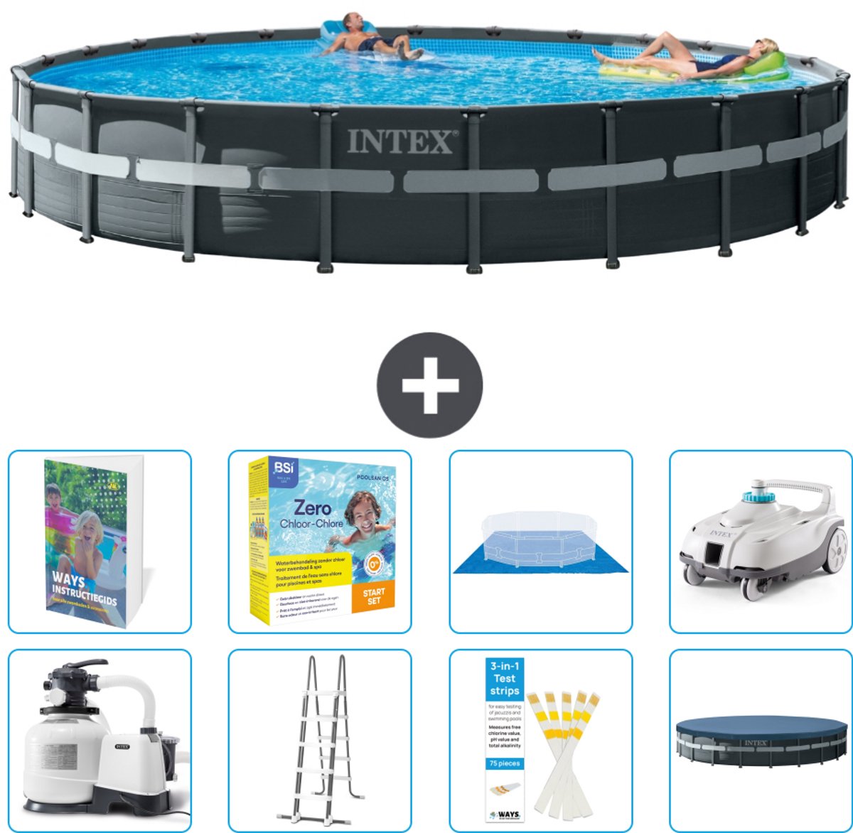 Intex Rond Ultra XTR Frame Zwembad - 732 x 132 cm - Inclusief Pomp - Ladder - Grondzeil - Afdekzeil - Onderhoudspakket - Stofzuiger - 9-delig