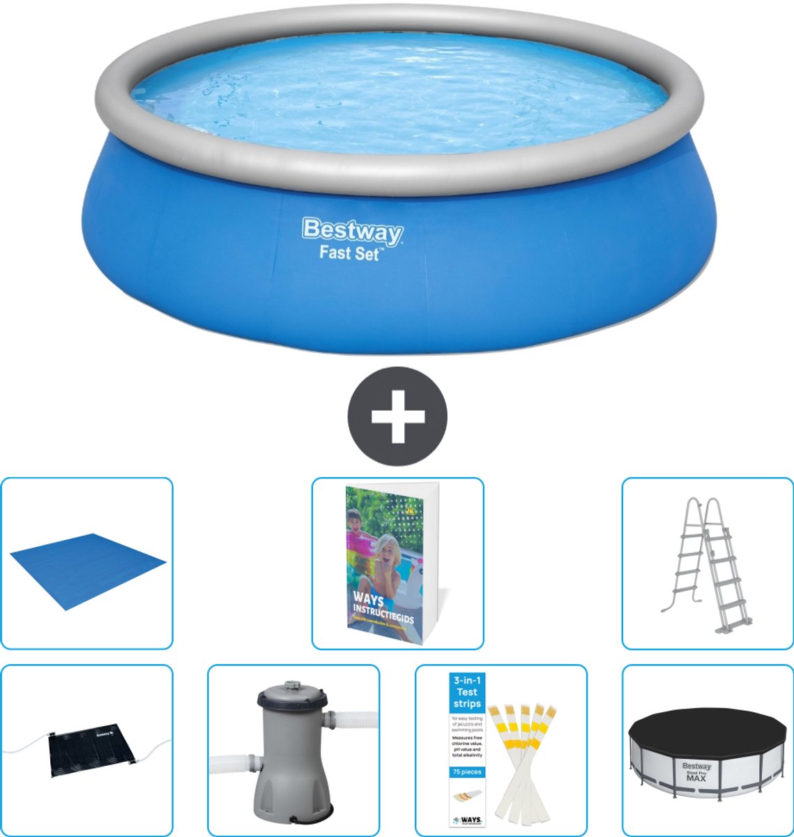 Bestway Rond Opblaasbaar Fast Set Zwembad - 457 x 122 cm - Blauw - Inclusief Pomp - Ladder - Afdekzeil - Grondzeil - Solar Mat - 8-delig