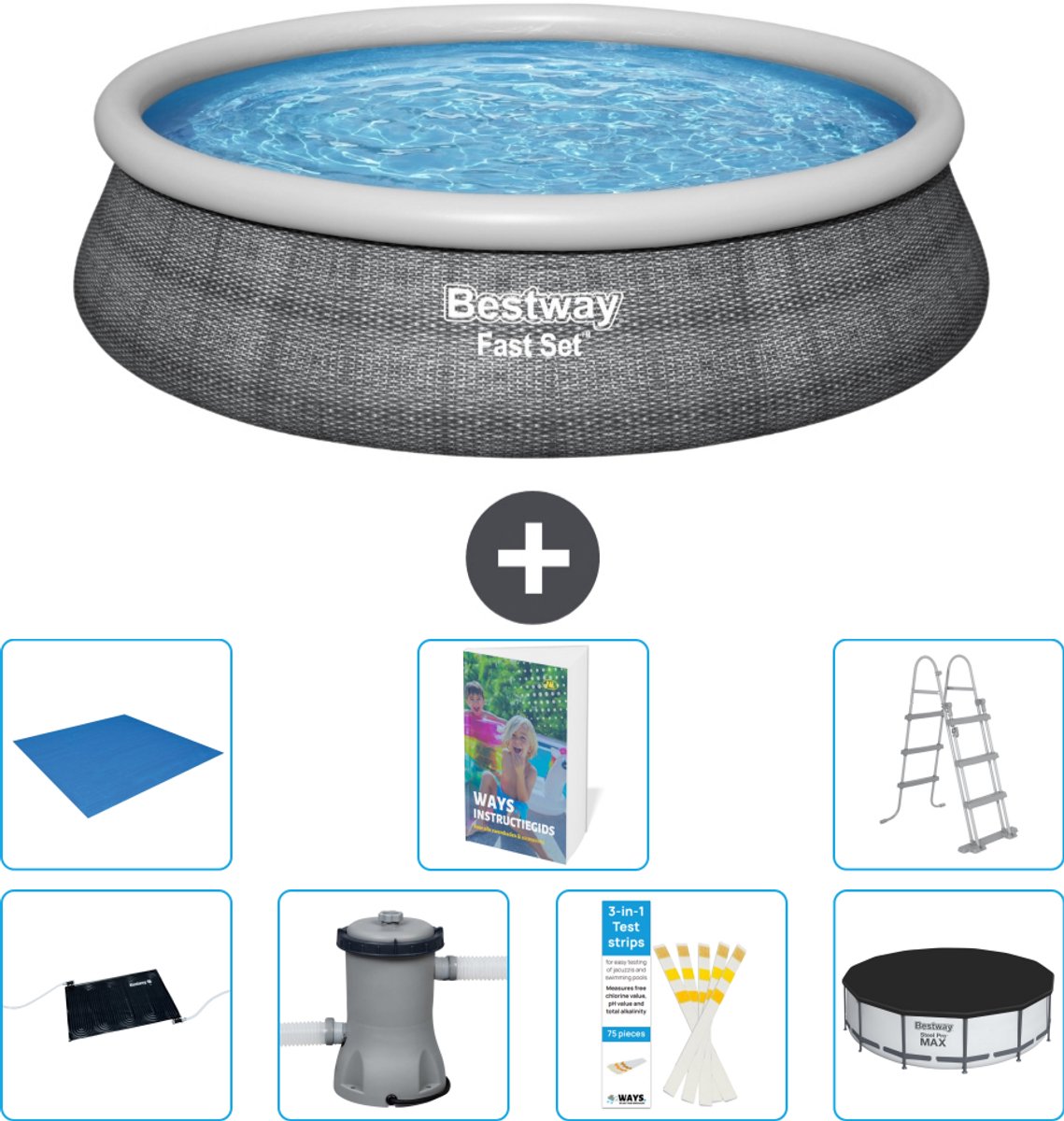 Bestway Rond Opblaasbaar Fast Set Zwembad - Rotanprint - 457 x 107 cm - Inclusief Pomp - Ladder - Afdekzeil - Grondzeil - Solar Mat - 8-delig