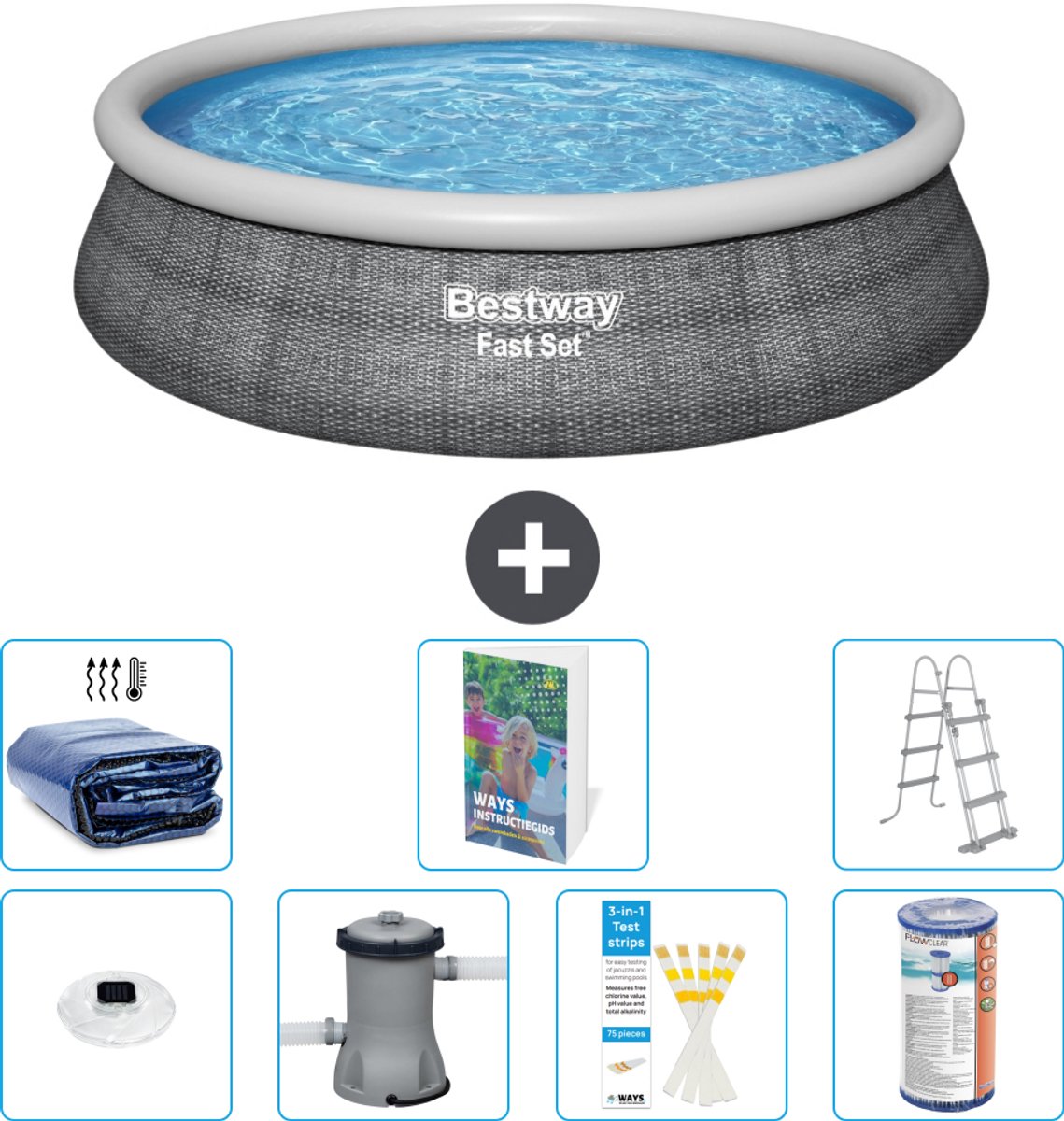 Bestway Rond Opblaasbaar Fast Set Zwembad - Rotanprint - 457 x 107 cm - Inclusief Pomp - Ladder - Filter - Solarzeil - Verlichting - 8-delig