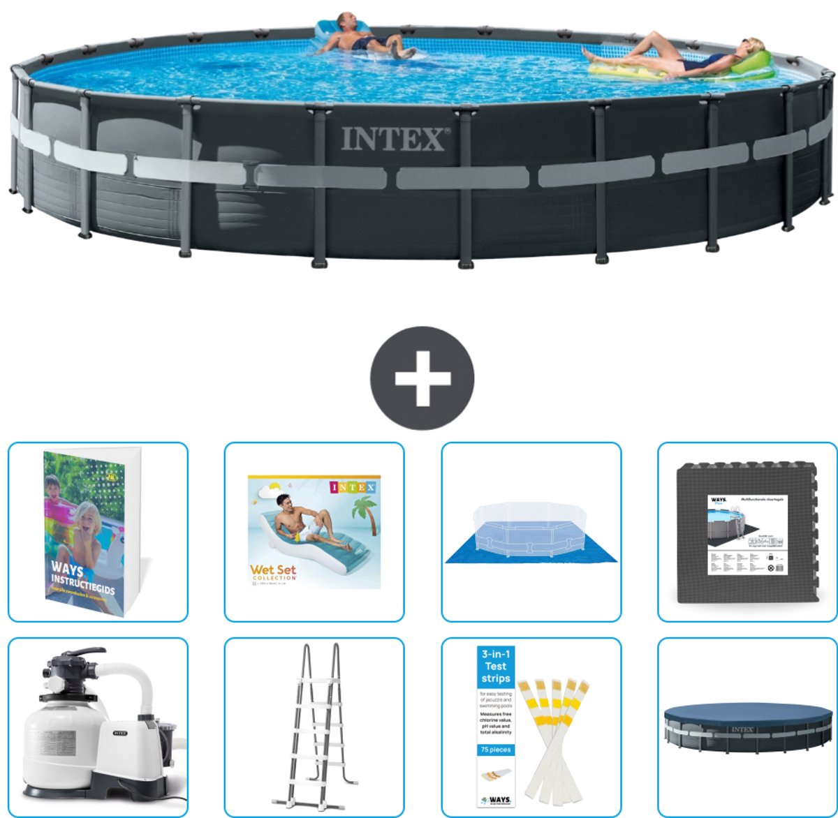 Intex Rond Ultra XTR Frame Zwembad - 732 x 132 cm - Inclusief Pomp - Ladder - Grondzeil - Afdekzeil - Loungebed - Vloertegels - 9-delig