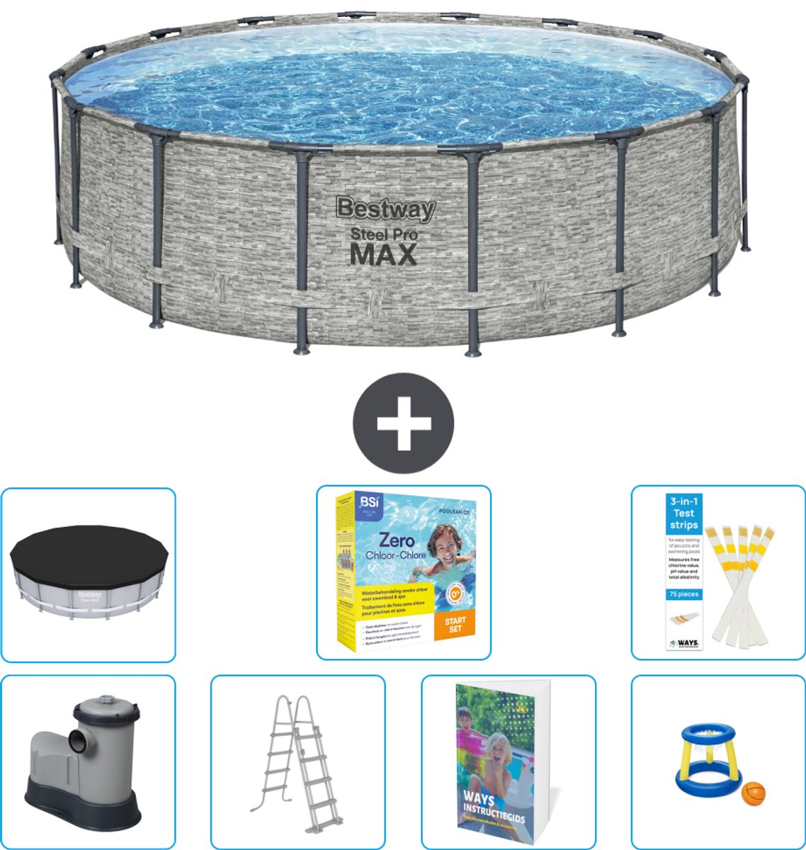 Bestway Rond Steel Pro MAX Zwembad - Steenprint - 488 x 122 cm - Inclusief Pomp - Ladder - Afdekzeil - Onderhoudspakket - Speelgoed - 8-delig