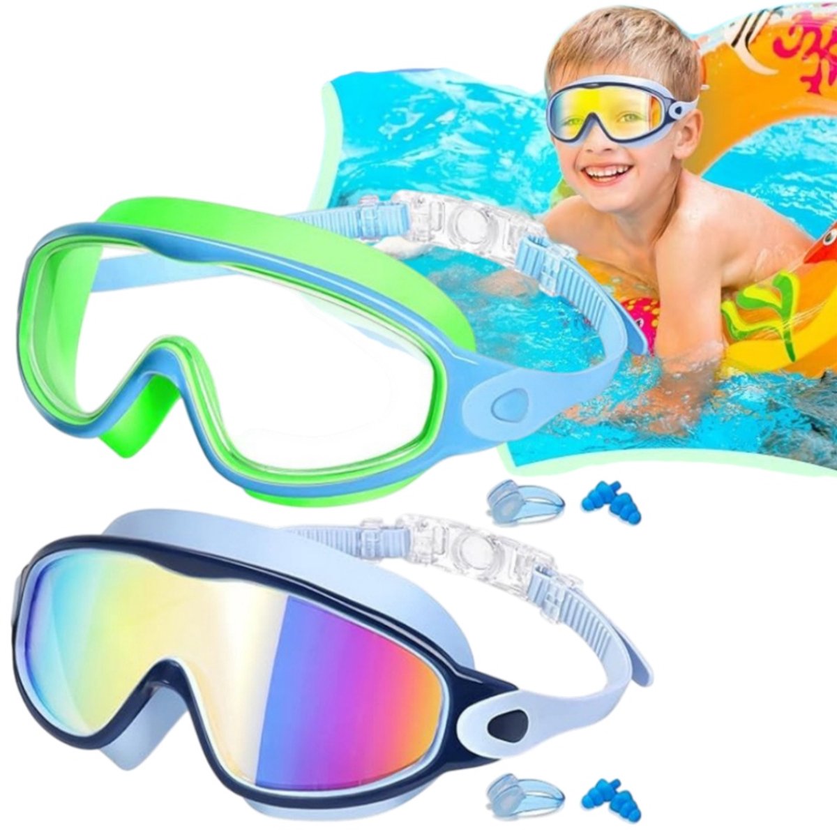 2-delige zwembril voor kinderen - breed gezichtsveld, anti-condens lenzen - zwembril - waterbril - 17,5 mm (L) x 8,5 mm (B) x 8,5 mm (H) voor kinderen van 8-15 jaar -blauw