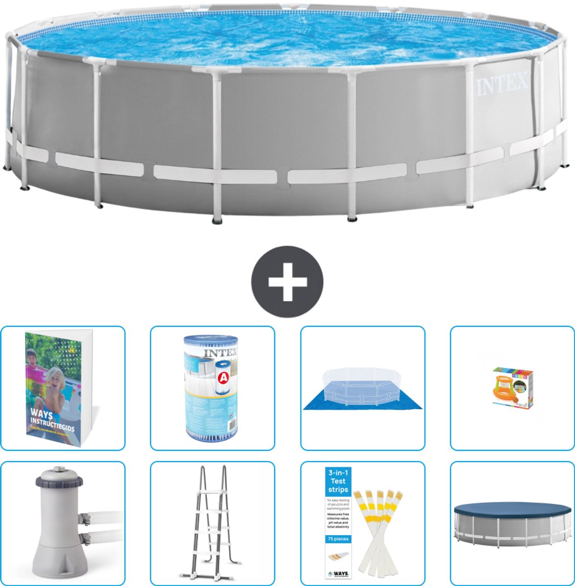 Intex Rond Prism Frame Zwembad - 457 x 122 cm - Grijs - Inclusief Pomp - Ladder - Grondzeil - Afdekzeil - Filter - Speelgoed - 9-delig