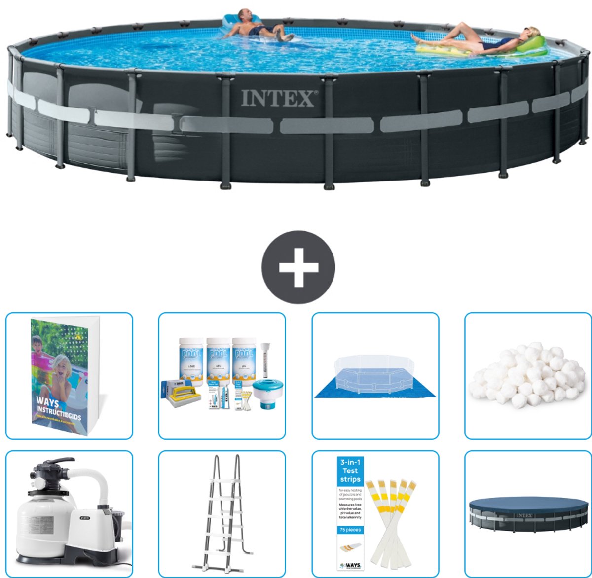 Intex Rond Ultra XTR Frame Zwembad - 732 x 132 cm - Inclusief Pomp - Ladder - Grondzeil - Afdekzeil - Onderhoudspakket - Filterbollen - 9-delig