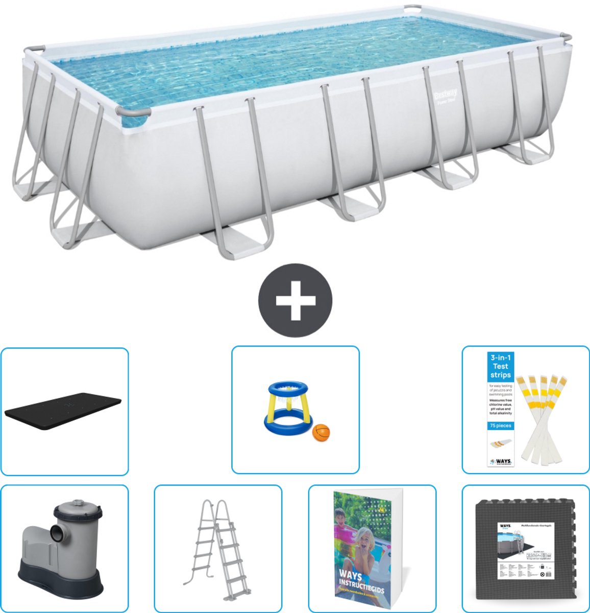 Bestway Rechthoekig Power Steel Zwembad - 549 x 274 x 122 - Grijs - Inclusief Pomp - Ladder - Afdekzeil - Speelgoed - Vloertegels - 8-delig