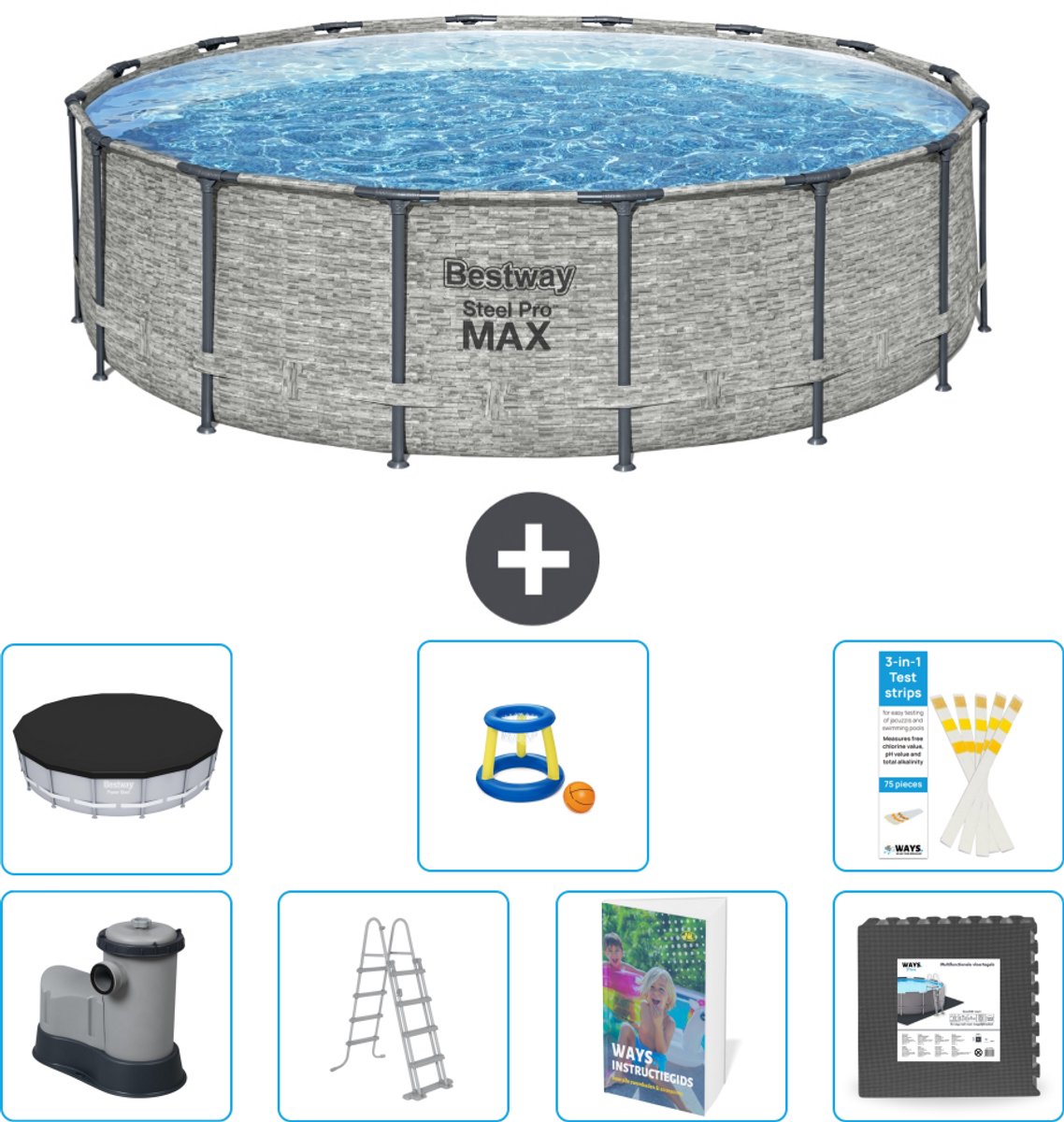 Bestway Rond Steel Pro MAX Zwembad - Steenprint - 488 x 122 cm - Inclusief Pomp - Ladder - Afdekzeil - Speelgoed - Vloertegels - 8-delig