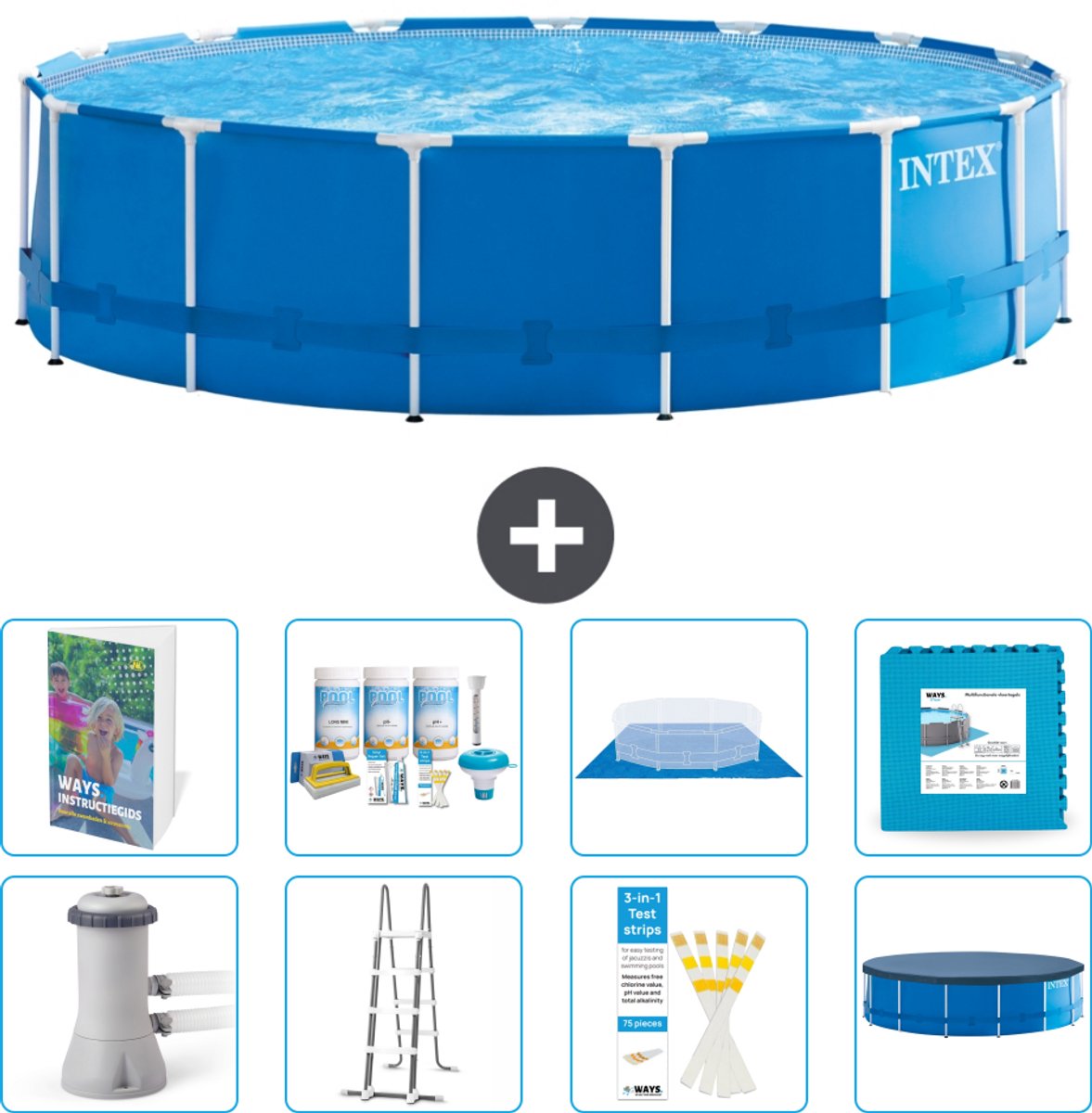 Intex Rond Frame Zwembad - 457 x 122 cm - Blauw - Inclusief Pomp - Ladder - Grondzeil - Afdekzeil - Onderhoudspakket - Vloertegels - 9-delig