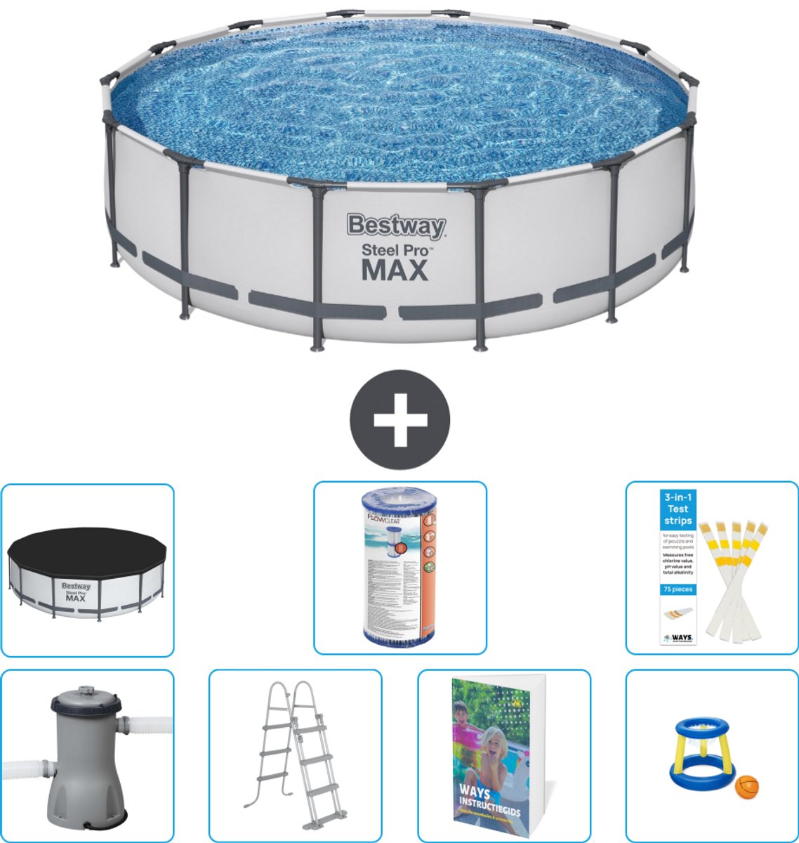 Bestway Rond Steel Pro MAX Zwembad - 427 x 107 cm - Grijs - Inclusief Pomp - Ladder - Afdekzeil - Filter - Speelgoed - 8-delig