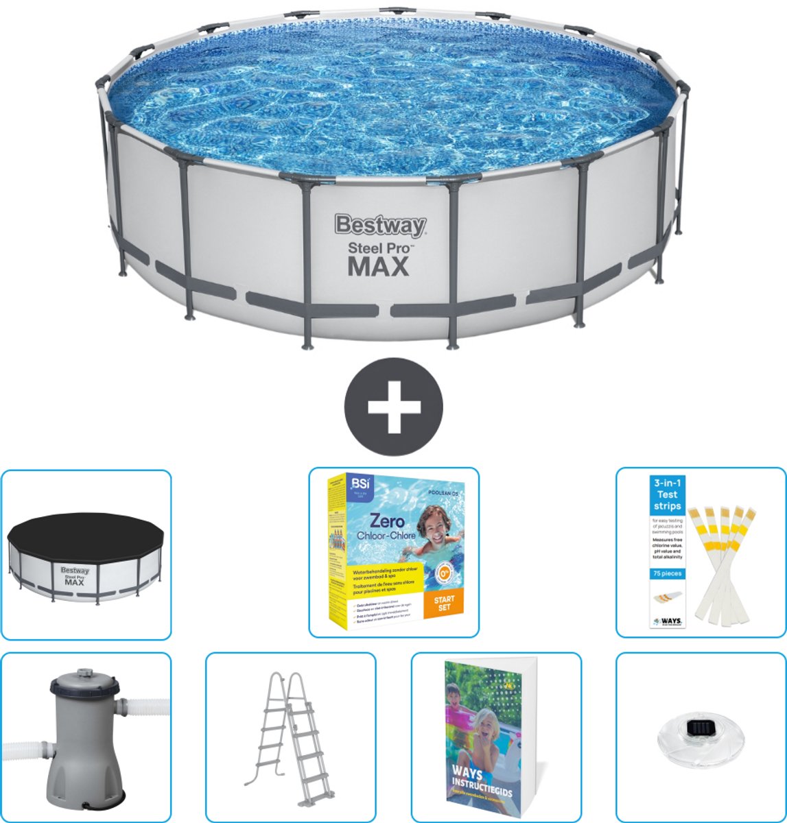 Bestway Rond Steel Pro MAX Zwembad - 457 x 122 cm - Grijs - Inclusief Pomp - Ladder - Afdekzeil - Onderhoudspakket - Verlichting - 8-delig