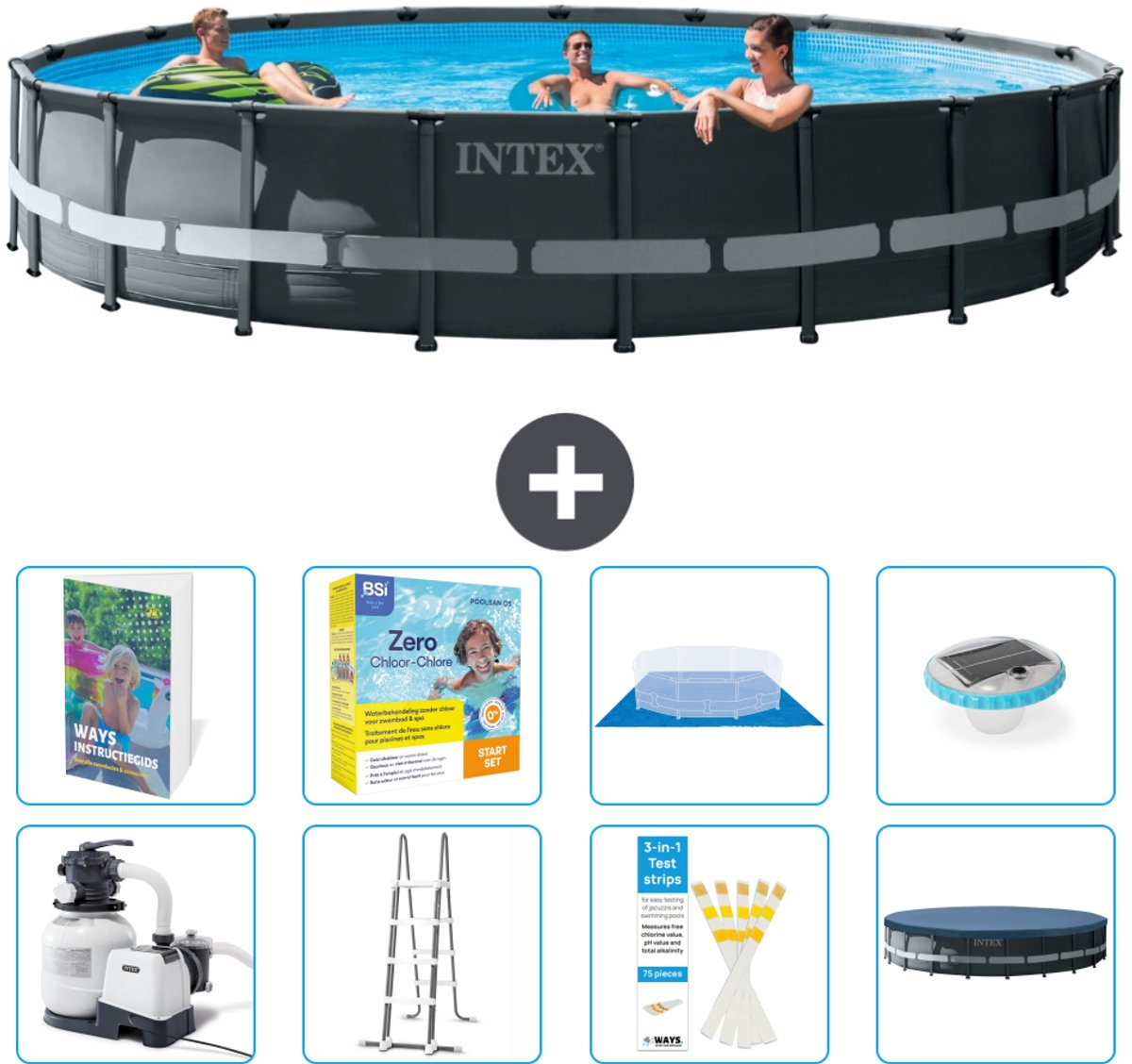 Intex Rond Ultra XTR Frame Zwembad - 610 x 122 cm - Inclusief Pomp - Ladder - Grondzeil - Afdekzeil - Onderhoudspakket - Verlichting - 9-delig