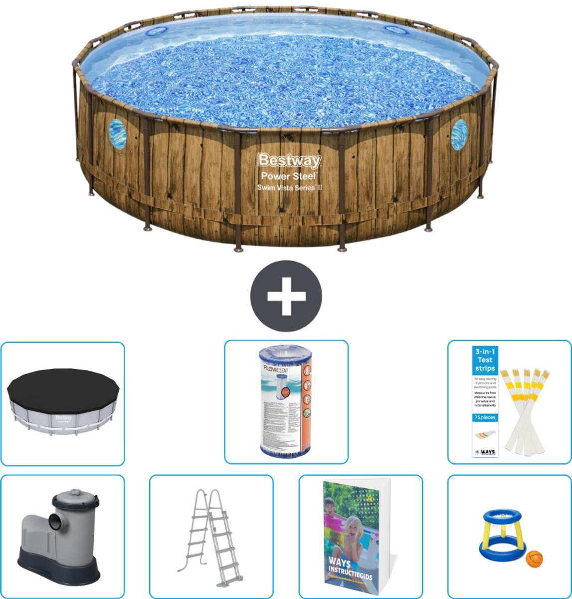 Bestway Rond Power Steel Swim Vista Zwembad - Houtprint - 488 x 122 - Inclusief Pomp - Ladder - Afdekzeil - Filter - Speelgoed - 8-delig